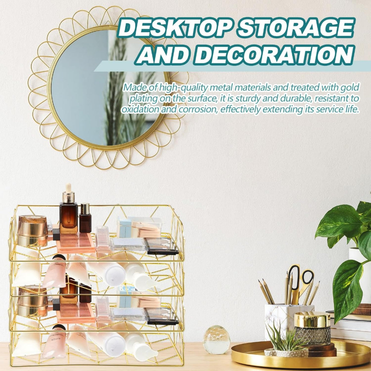 Yeaqee 4 Tier Stackable Gold Desk File Organizer Gold Paper Tray Rack