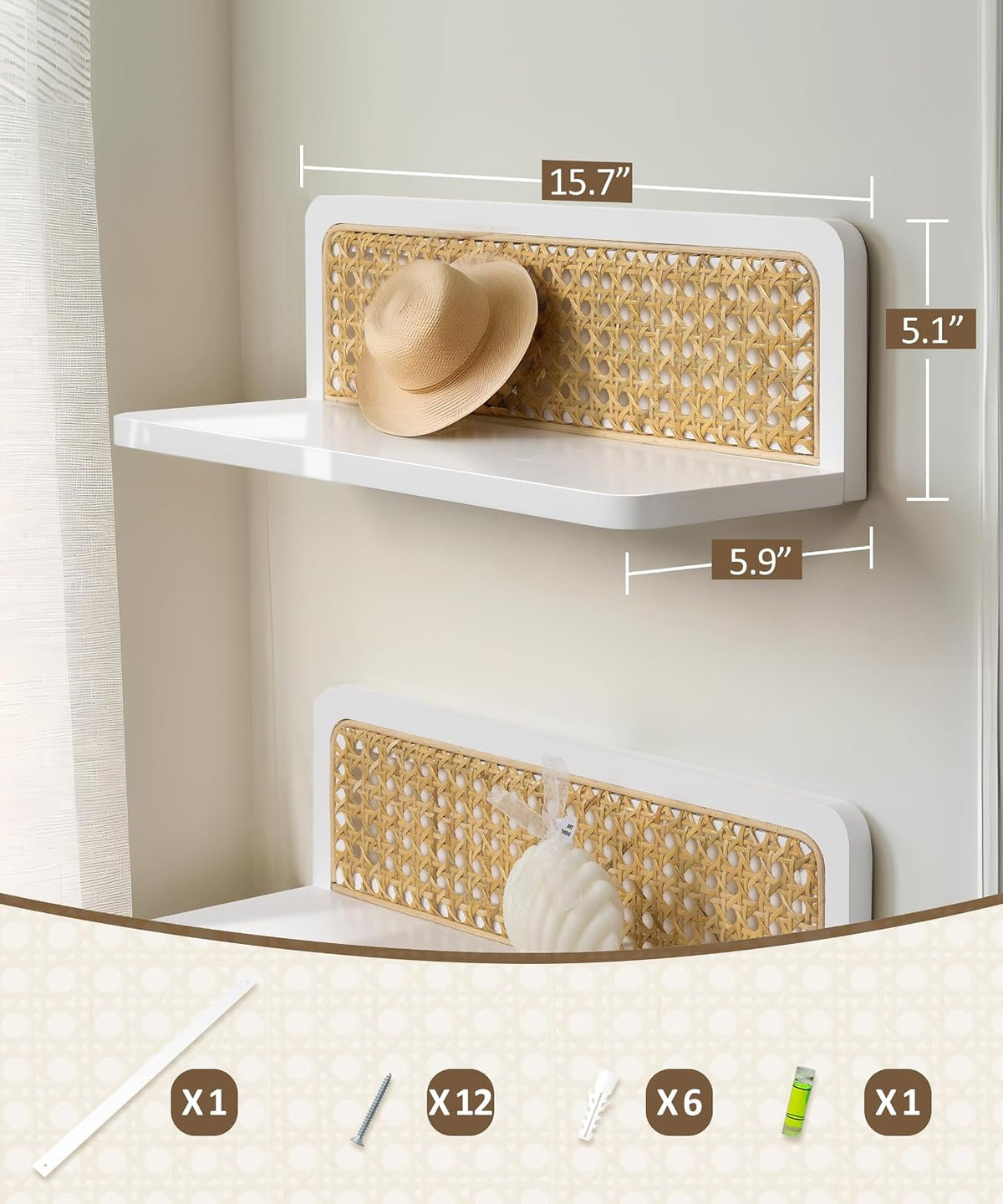 Maxpeuvon Rattan Floating Shelves for Wall Set of 2, White Wall Shelves