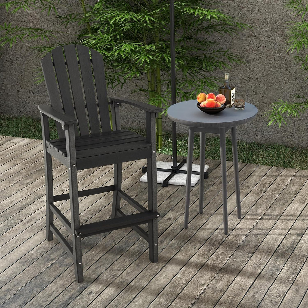 GIANTEX Outdoor HDPE Bar Stool, Tall Adirondack Chair with Armrests and Footrest, 30 Inches Counter Height Bar Stool for Garden, Backyard, Weather Resistance, Easy Maintenance (1, Black)