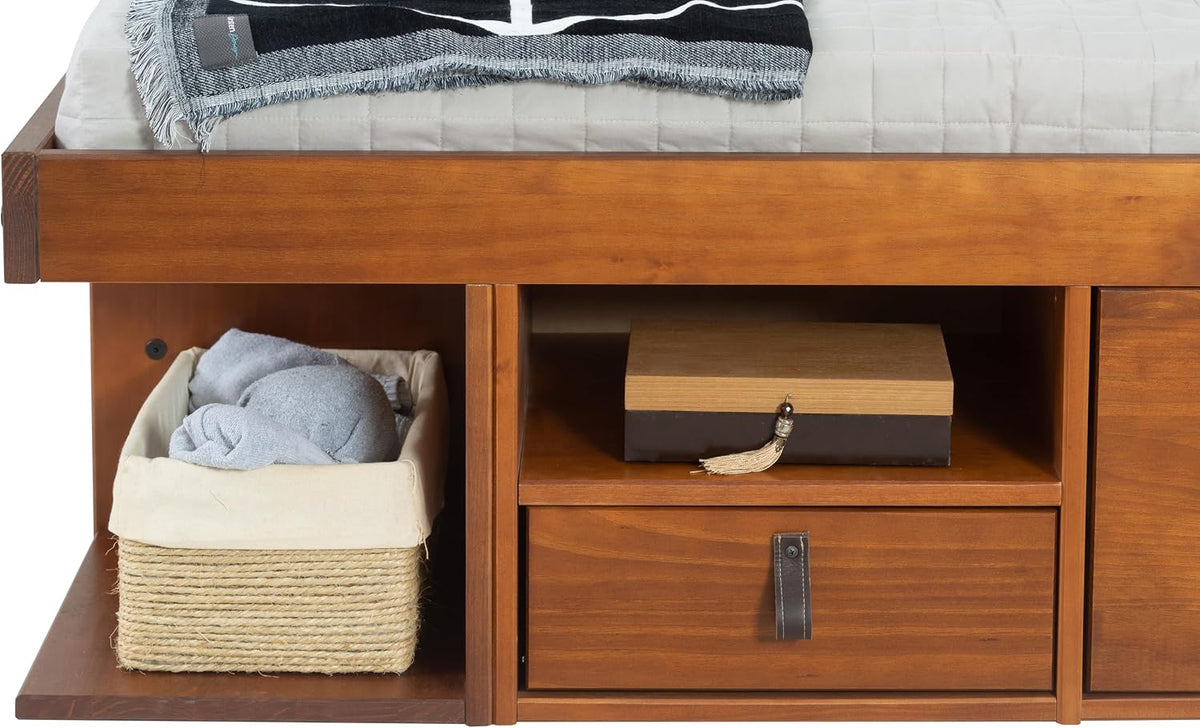memomad Bali Full Size Slim Set: Storage Platform Bed with Drawers and Compartments + Wall Mounted Headboard, Solid Pine Wood Furniture with Underbed Storage, No Box Spring Needed, Caramel Brown