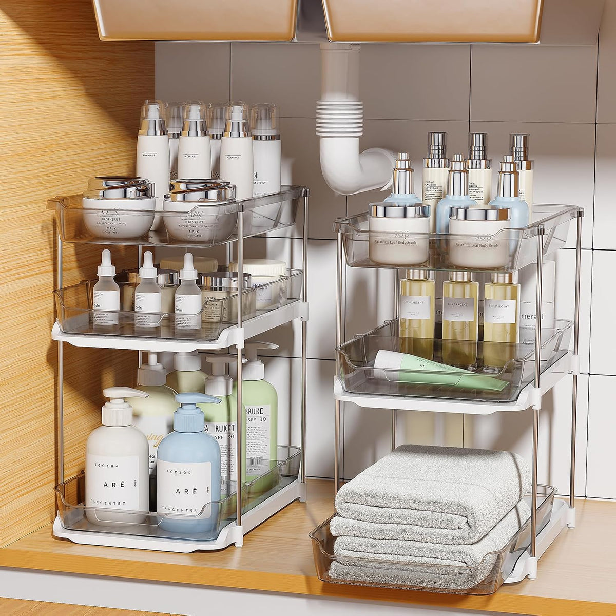 Delamu 2 Pack 3-Tier Bathroom Under Sink Organizers and Storage, Multi-Purpose Stackable Pantry Organization and Storage, Pull Out Clear Kitchen Bathroom Cabinet Organizer with Movable Dividers, Grey