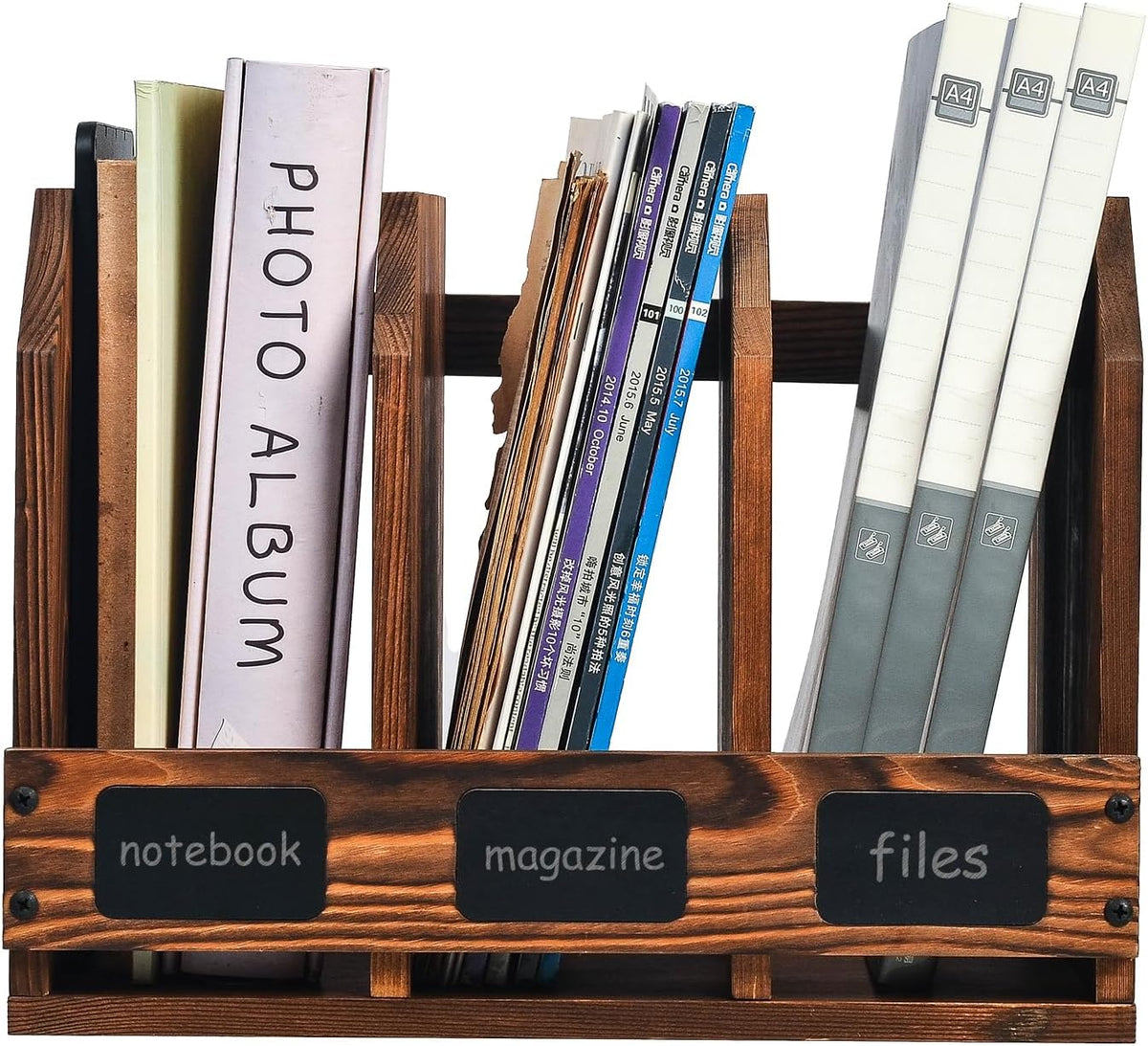 Rustic Torched Brown Wooden Desktop Document Organizer Office Chalkboard Labels File Folder Binder Sorter Storage Rack Multiple Compartments Table Organization Caddy Desk Shelf Paper Tray