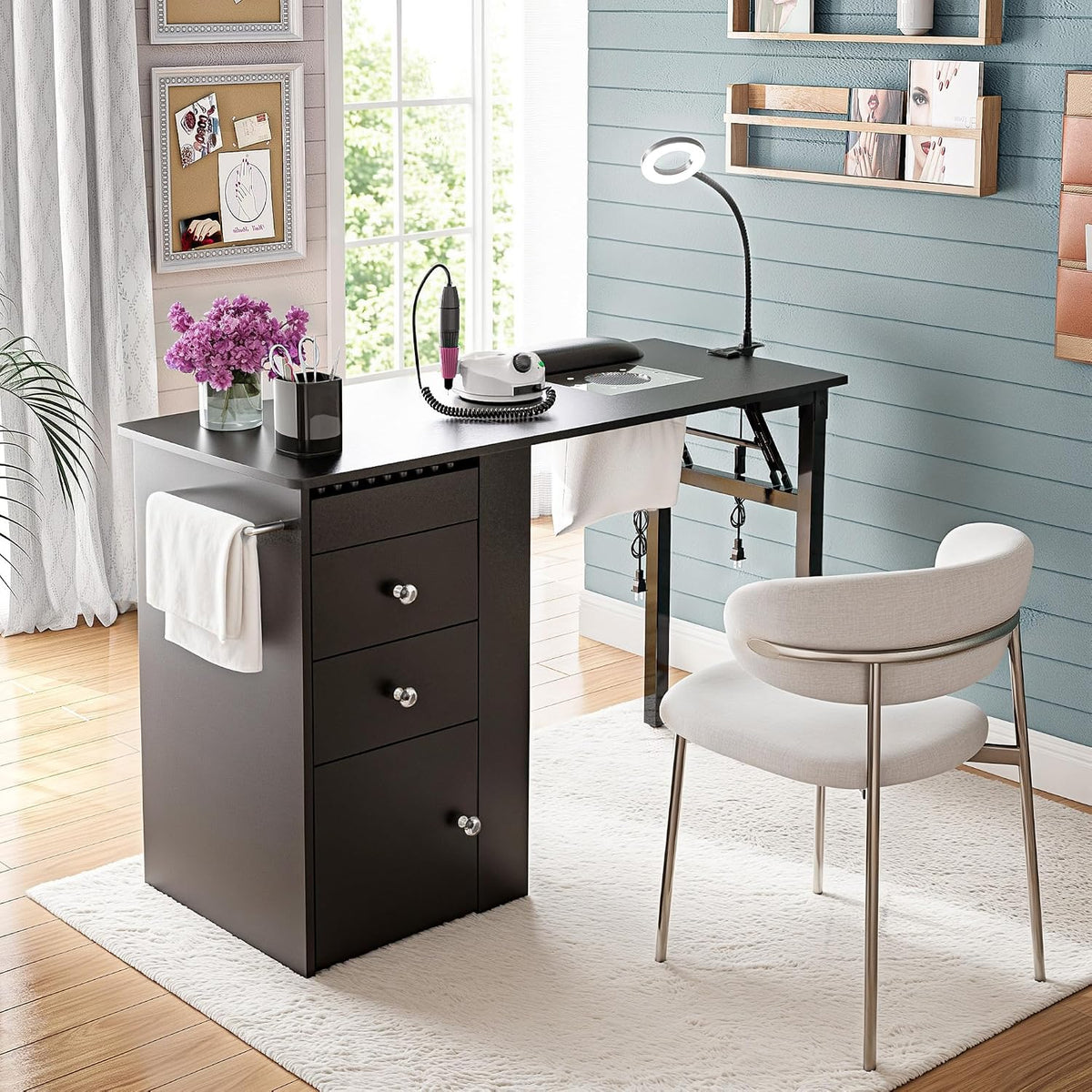 Foldable Nail Table with Dust Collector, Manicure Desk for Nail Tech,with LED Lamp, Wrist Rest, Rolling Nail Table for Salon, Home Beauty Workstation, Compact Nail Station with Storage (Black)