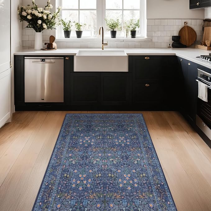 Vintage Dark Blue 3x4 Entryway Rug, Washable Small Area Rugs