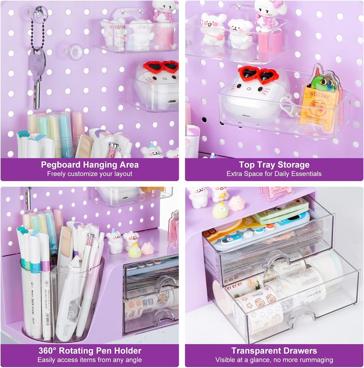 Comix Desk Organizer with 2 Drawer, Purple 360 Rotating Pen Holder for Desk