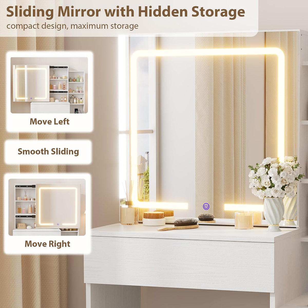 IDEALHOUSE Makeup Vanity Desk with Sliding Lighted Mirror, 4 Drawers, White