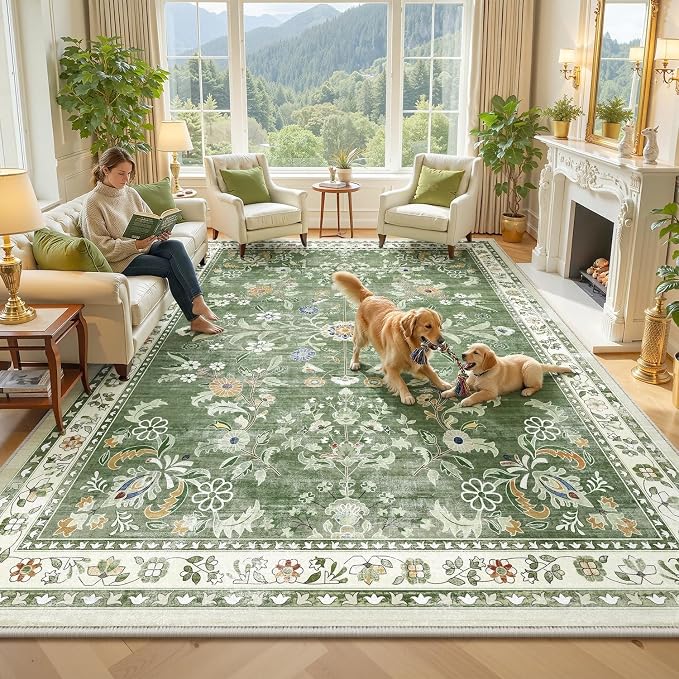 Yamaziot Washable Area Rug 8x10 – Large Non-Slip Boho Floral Living Room Rug
