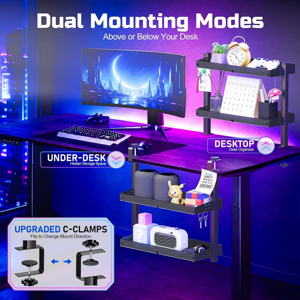 17 inch Adjustable 2-Tier Clamp On Desk Shelf with Hooks