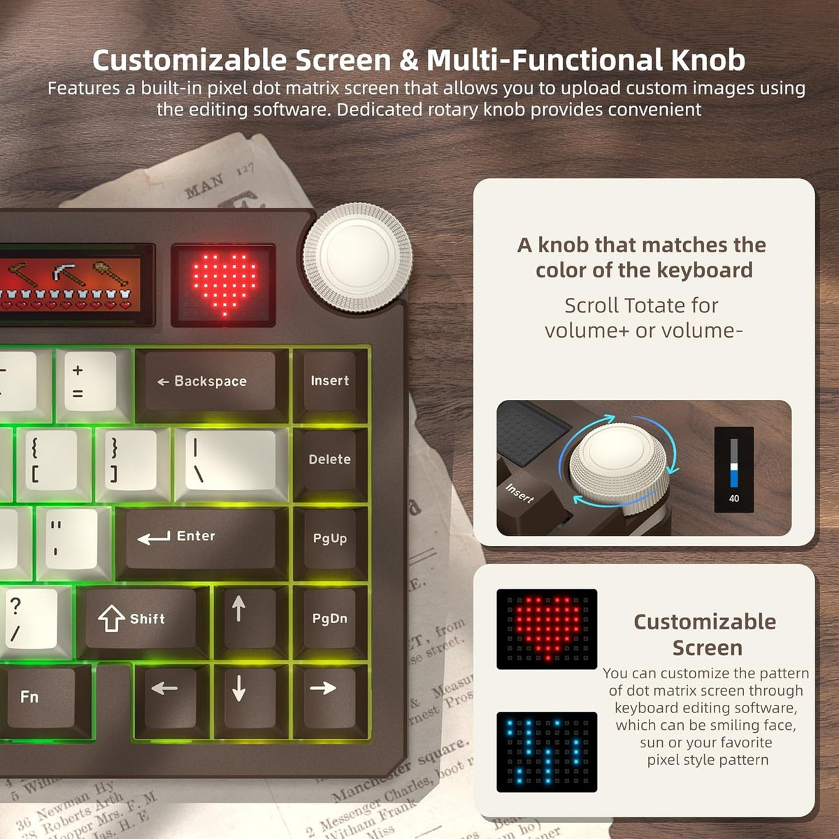 Womier 75% Wireless Mechanical Keyboard with Screen, Brown Keyboard-K80