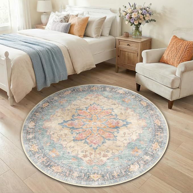 RELEANY Area Rugs Round 4ft Washable Non-Slip, Floral Vintage Distress