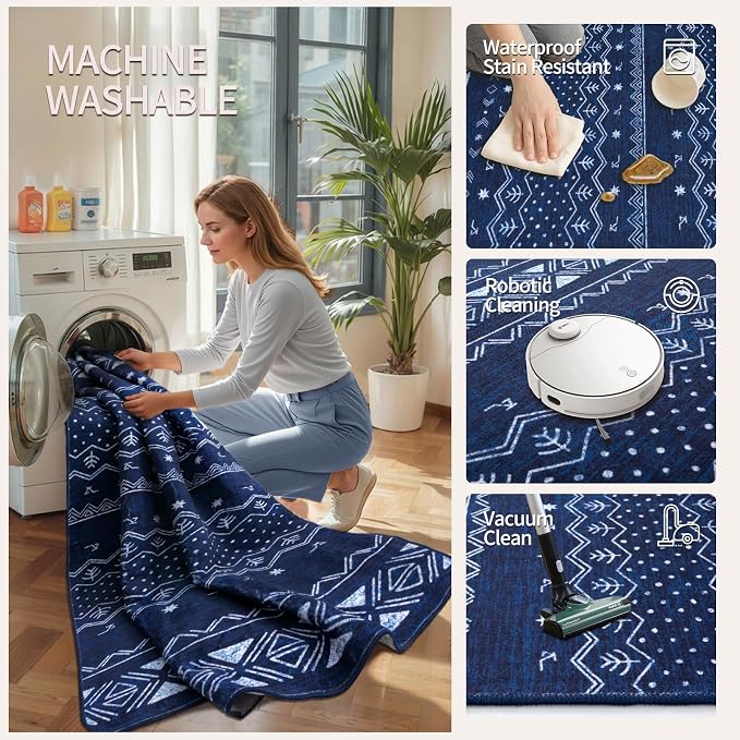 SERISSA 2x5 Kitchen Runner Rug, Washable Non-Slip Blue and White Boho Rug