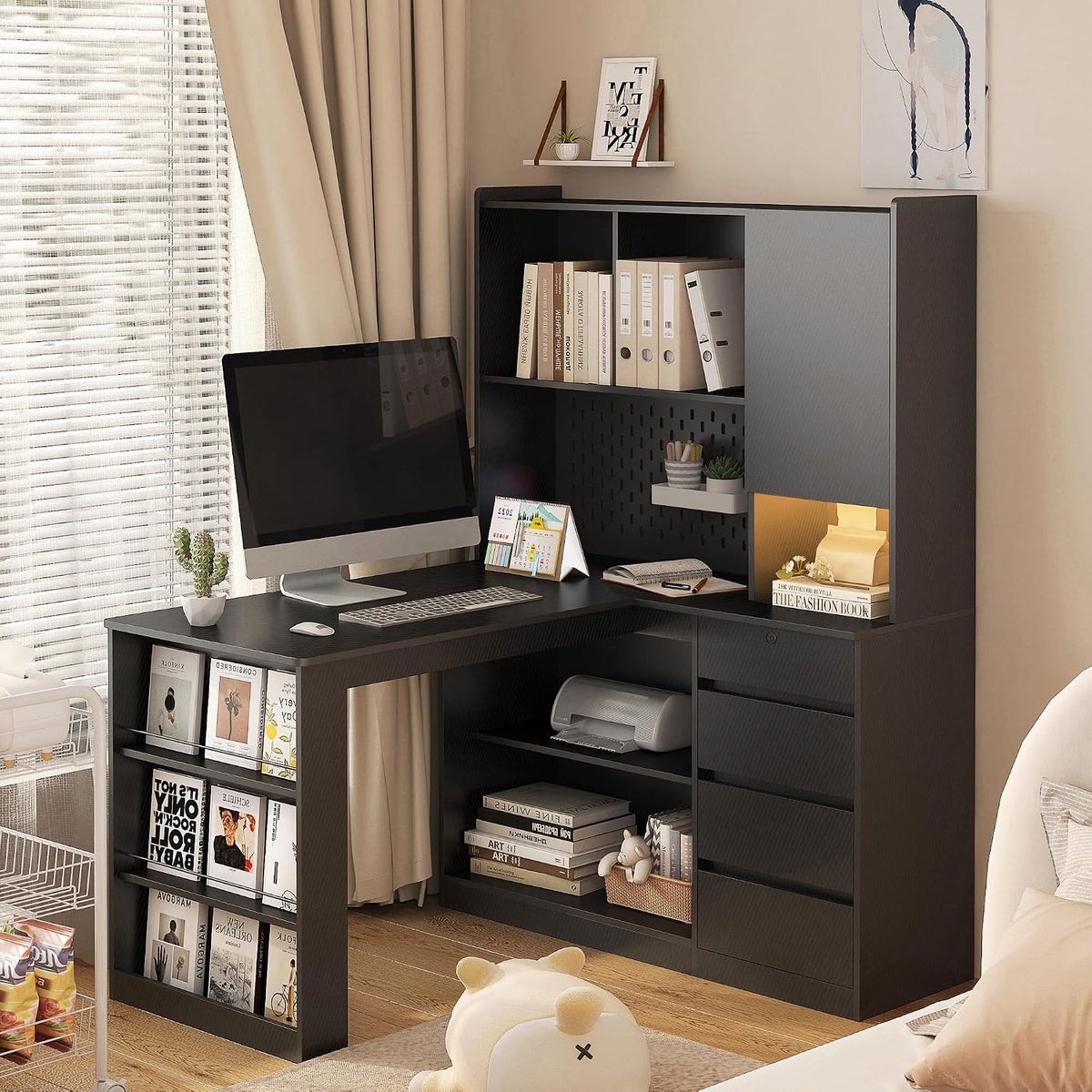Mid-Century Office Corner Computer Desk with Bookshelf and LED, Black