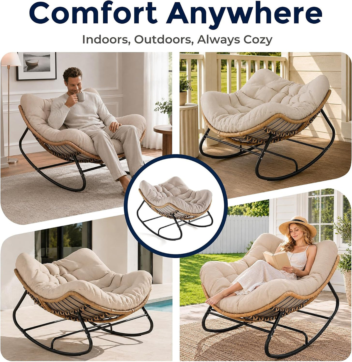 SWITTE Papasan Rocking Chair, Outdoor Wicker Egg Rocker with Cushion, Ivory