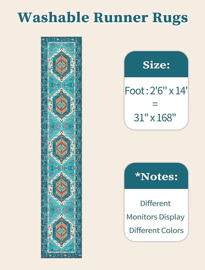 SERISSA Runner Rug for Hallways, Extra Long Boho Rug Ultra Soft Vintage Blue