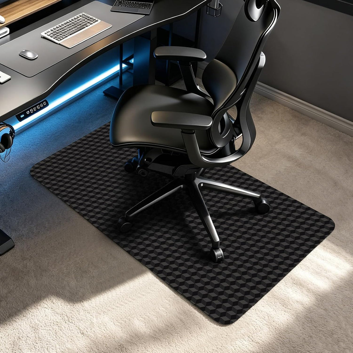 Chair Mat for Carpeted Floor, 3D Visual Black Gaming Chair Mat for Low Pile Carpets, 48"x30" Studded Bottom Carpet Protector, Non-Slip Floor Mat for Rolling Chairs, Home Office & Gaming Room