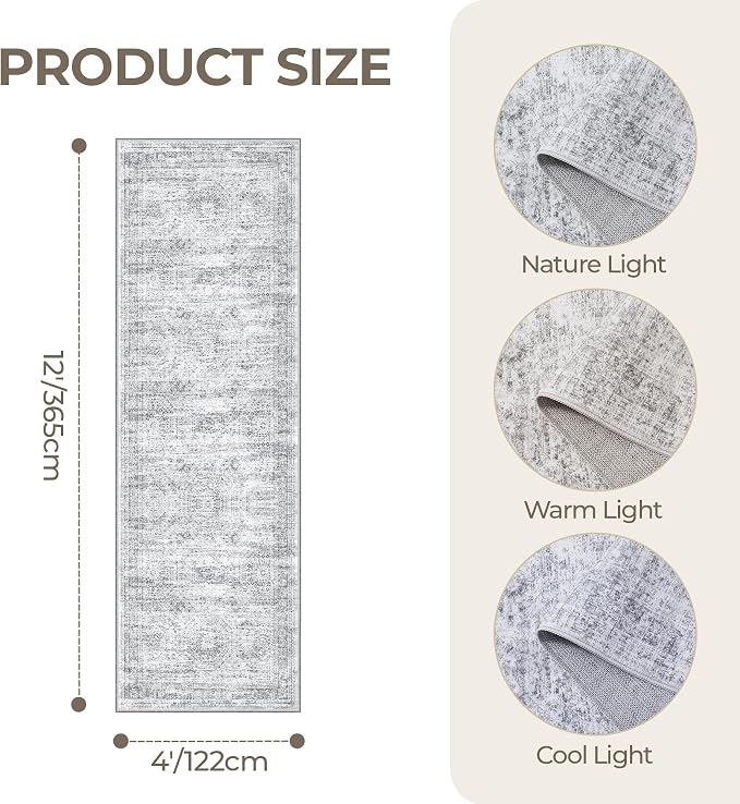 4x12 Runner Rug for Hallway, Low-Pile Wide Runner for Entryway, Long Washable