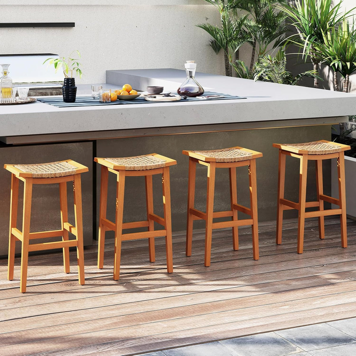Giantex Outdoor Wooden Bar Stools Set of 4, 29" Backless Patio Barstools with PE Rattan Saddle Seat & Footrest, Solid Acacia Wood Bar Height Stools for Porch, Garden, Backyard, Poolside, Armless