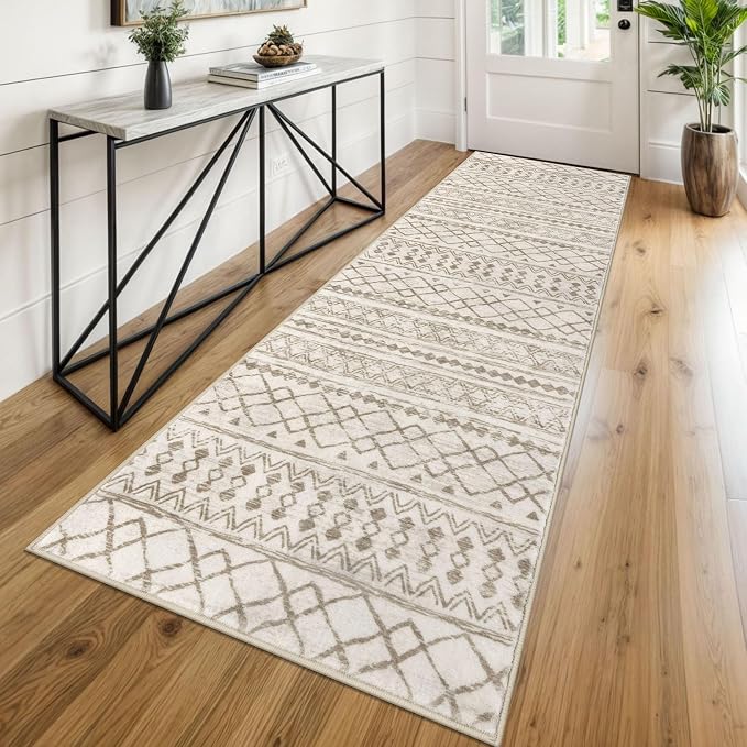KUTA Moroccan Washable Runner Rug 2.6x8, Non-Slip Vintage Beige Boho Hallway