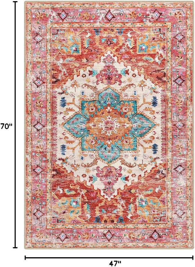 Yamaziot Washable Area Rug, 4x6 Non-Slip Boho Vintage Living Room Bedroom Rug