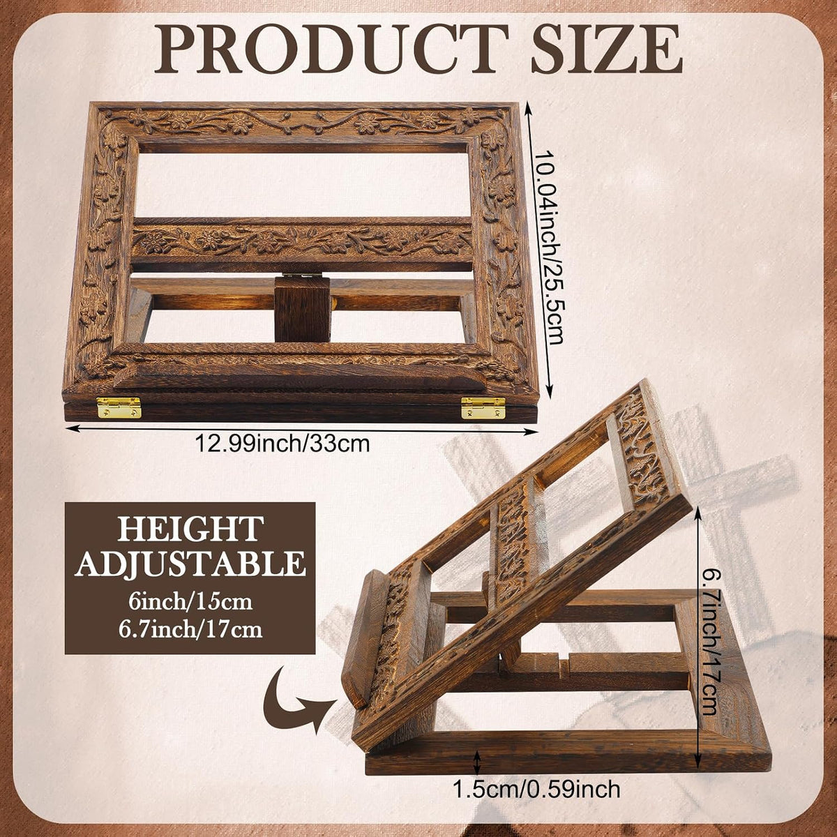 DoubleFill Adjustable Wooden Bible Stand Carved Bible Holder Missal Stand Book Display for Reading Folding Religious Prayer Wooden Holy Book Holder 12.99 x 10.04 Inches(Dark Brown)
