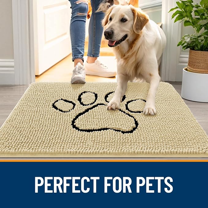 OLANLY Dog Door Mat for Muddy Paws 36x24, Paw Print Design, Absorbs Moisture