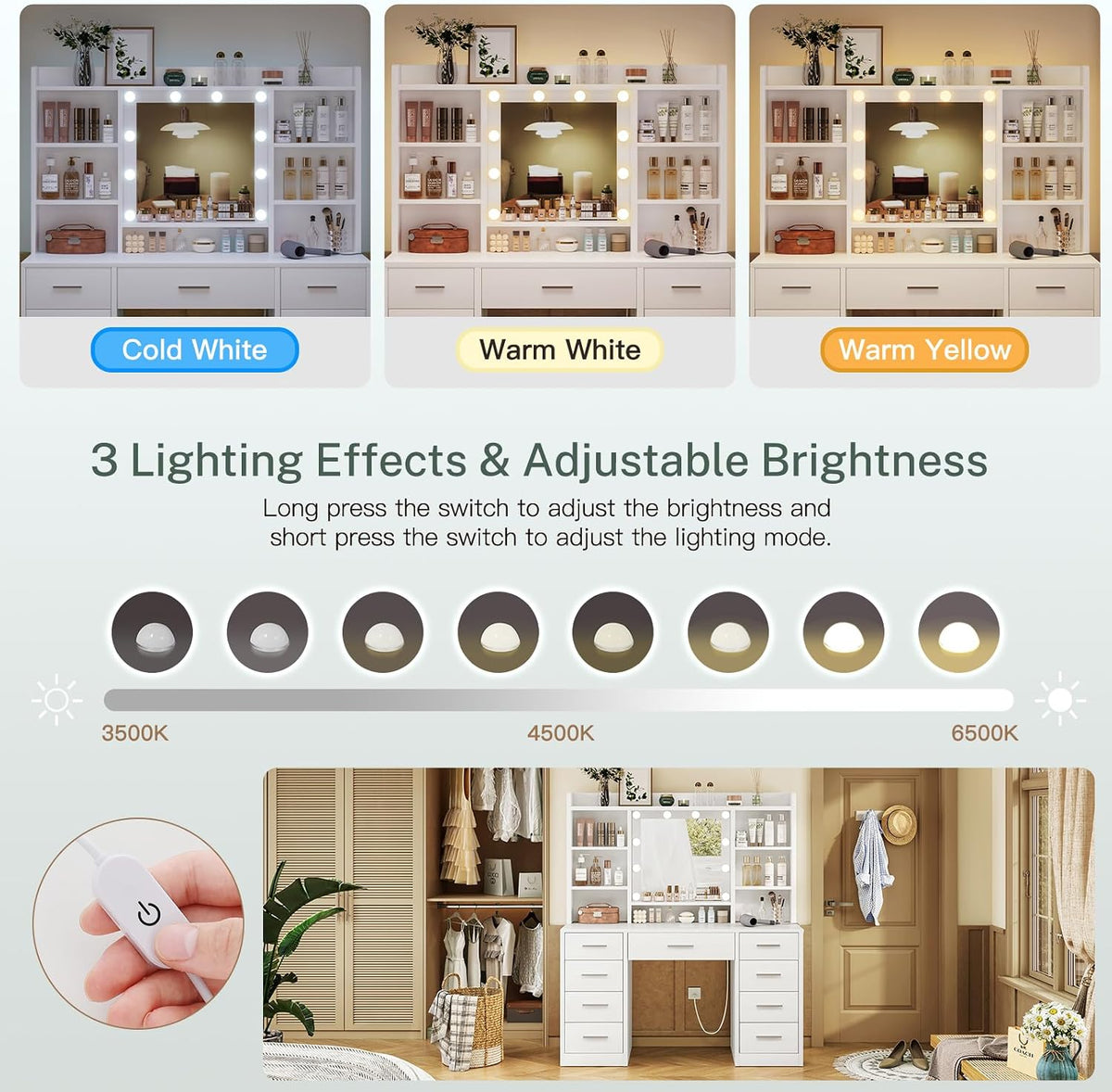 FIONESO Vanity Desk with Mirror and Lights, Power Outlet, Makeup Vanity with 9 Drawers & 6 Open Storage Shelves, 3 Lighting Modes Brightness Adjustable, White