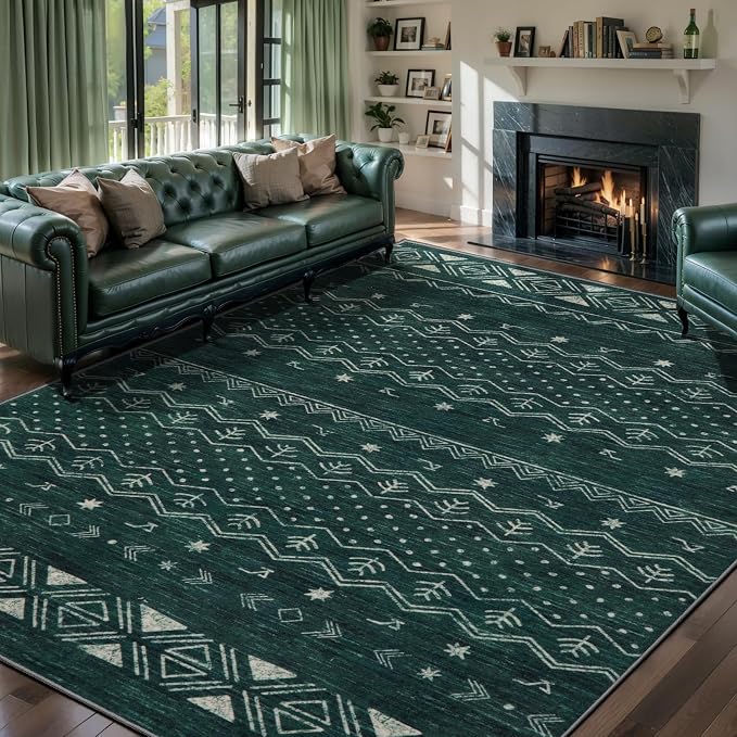 SERISSA 6x9 Area Rugs for Living Room, Washable Non-Slip Dark Green Boho Rug
