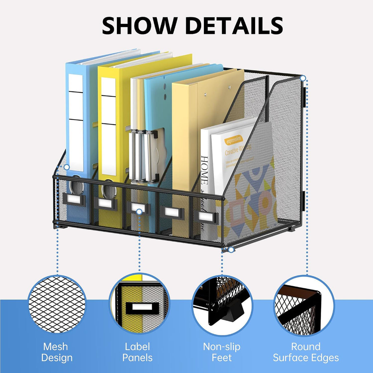 5 Vertical Compartments Magazine File Holder, Metal Binder Organizer, Black