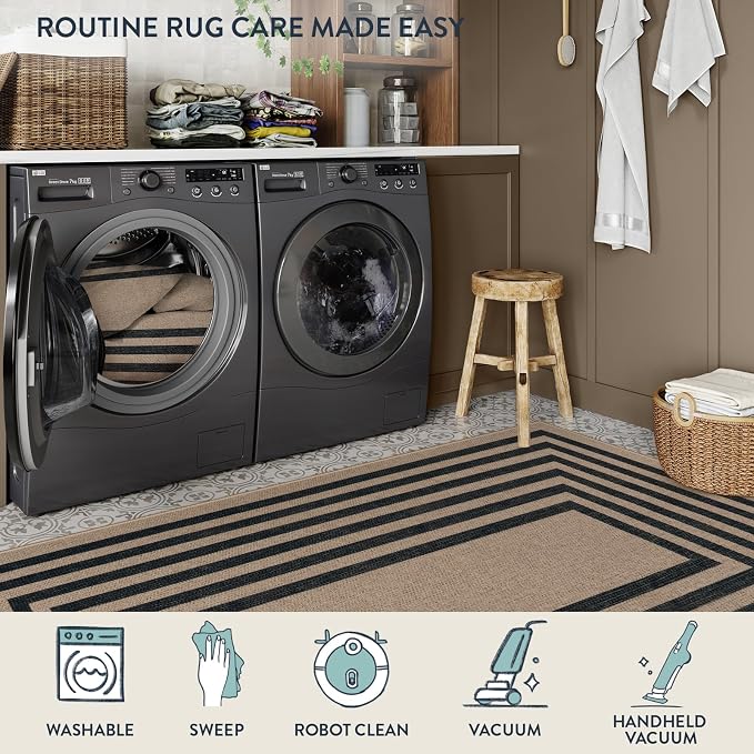 Lahome Enfys Modern Geometric Easy Jute Entryway Rug, 4x6 Black Washable Carpet