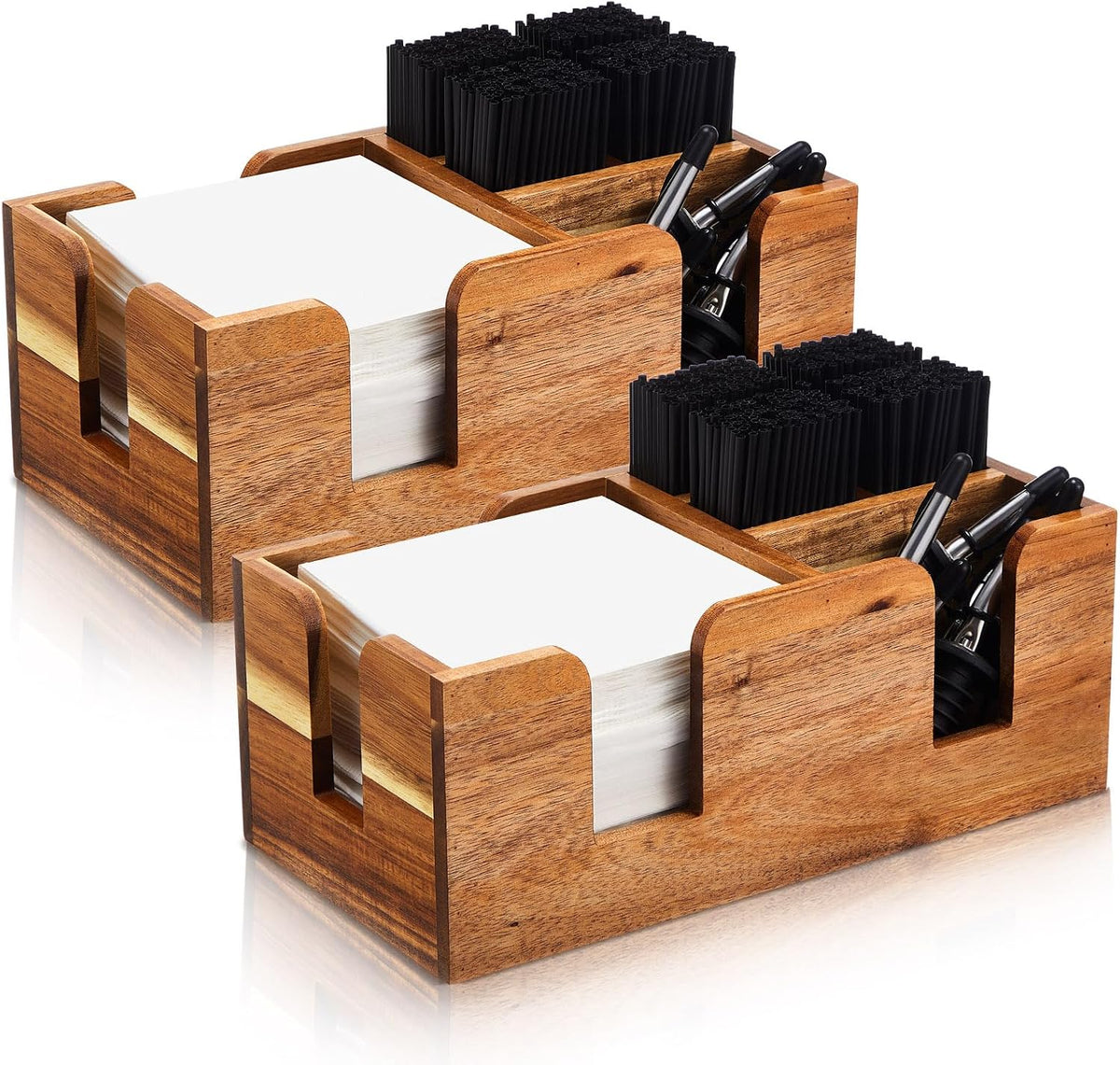Mifoci 2 Pcs Wooden Bar Caddy, Acacia Wood Napkin & Straw Holder Organizer