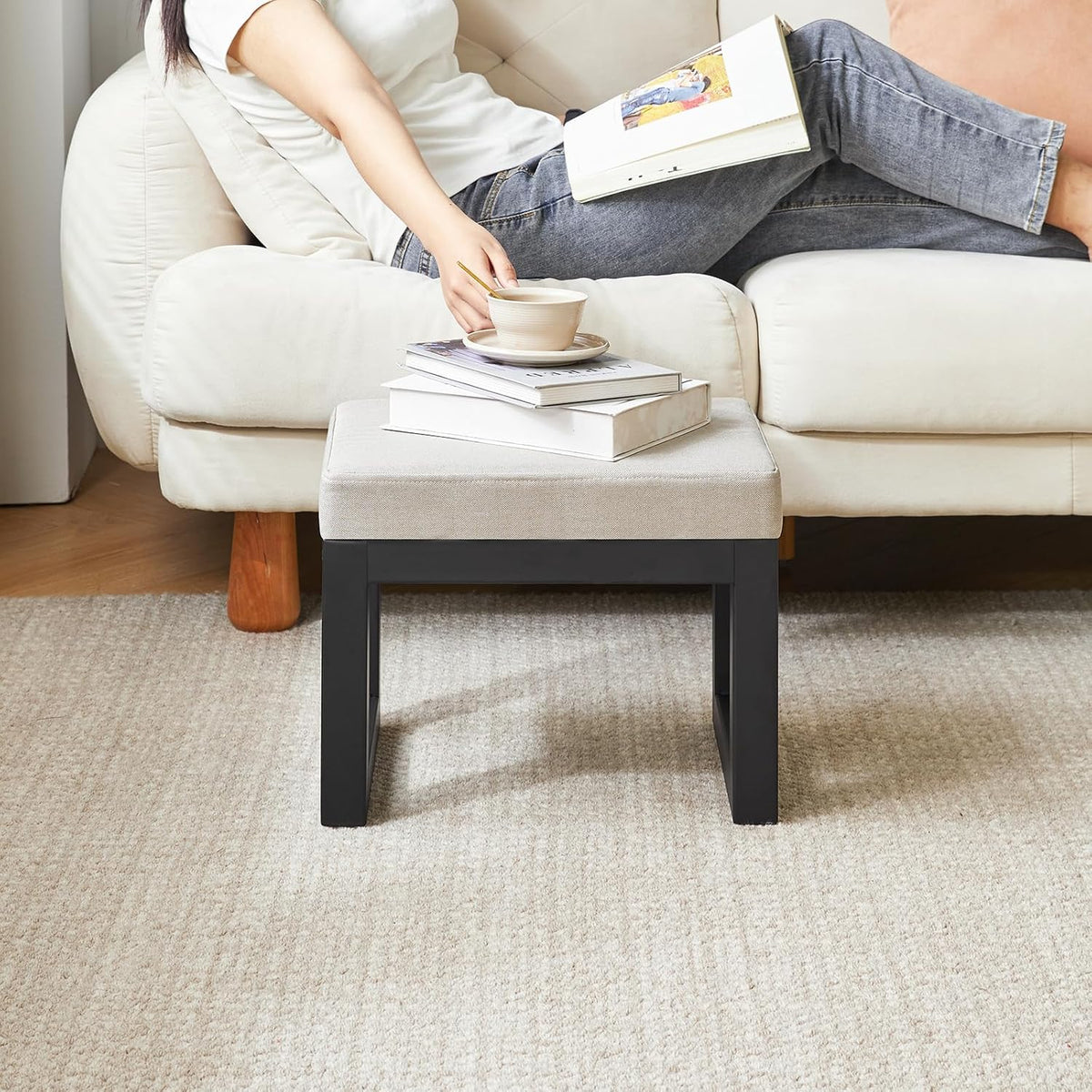 IBUYKE Small Footstool Ottoman, Linen Fabric Footrest, Grey WBD001G