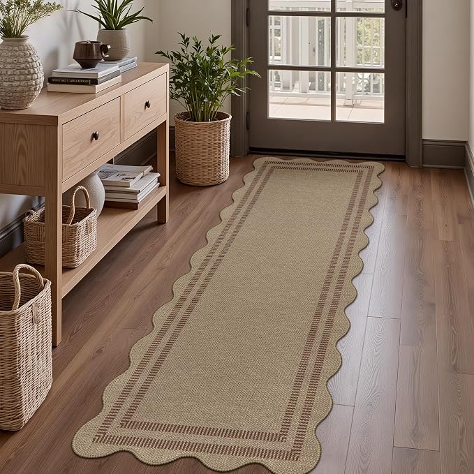 Scalloped Easy Jute 2x6 Kitchen Runner Rug, Washable Rugs