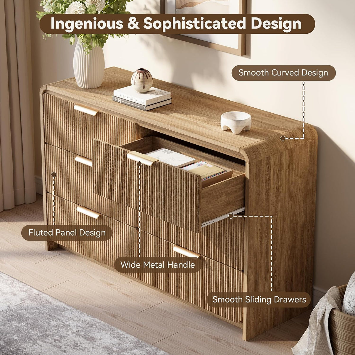 47" Fluted 6 Drawer Dresser for Bedroom, Living Room, Entryway Light Walnut