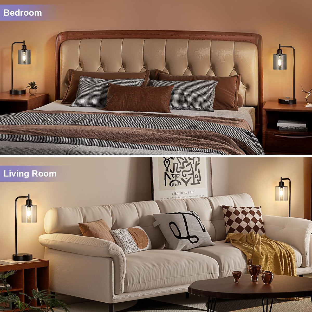 Innqoo Industrial Touch Bedroom Lamps for Bedrooms Set of 2-3-Way Dimmable Table Lamps with USB C+A Ports and Outlet, Bedside Lamps with Gray Glass Shade for Living Room, Desk Lamps for Home Office