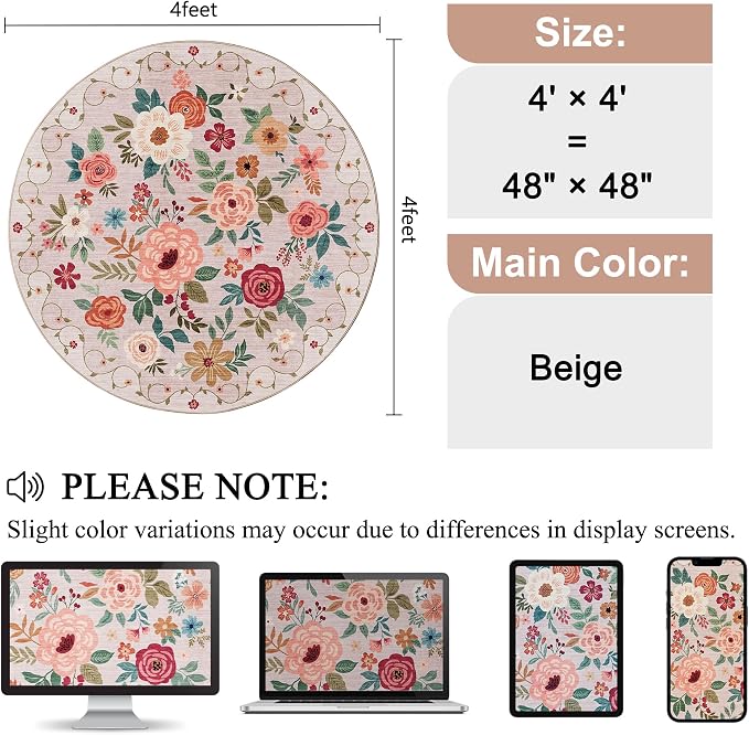 DUKINO Floral Round Rug, 4ft Washable Round Area Rug, Non Slip Indoor Low Pile