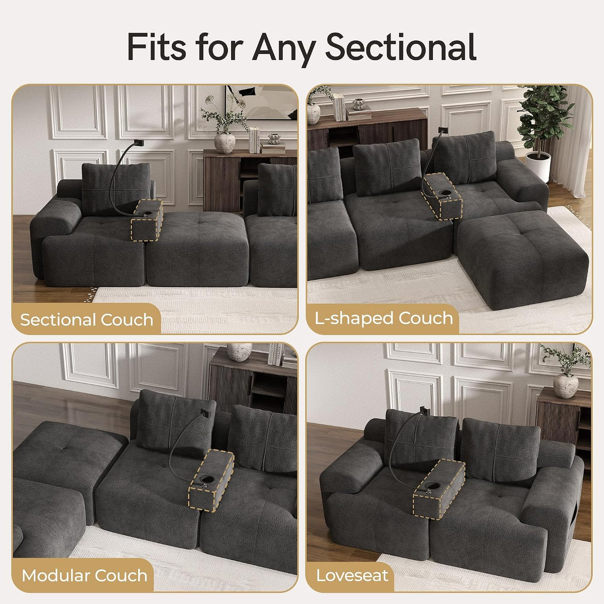 Couch Caddy with Cup Holder, Dark Gray Chenille Armrest Console