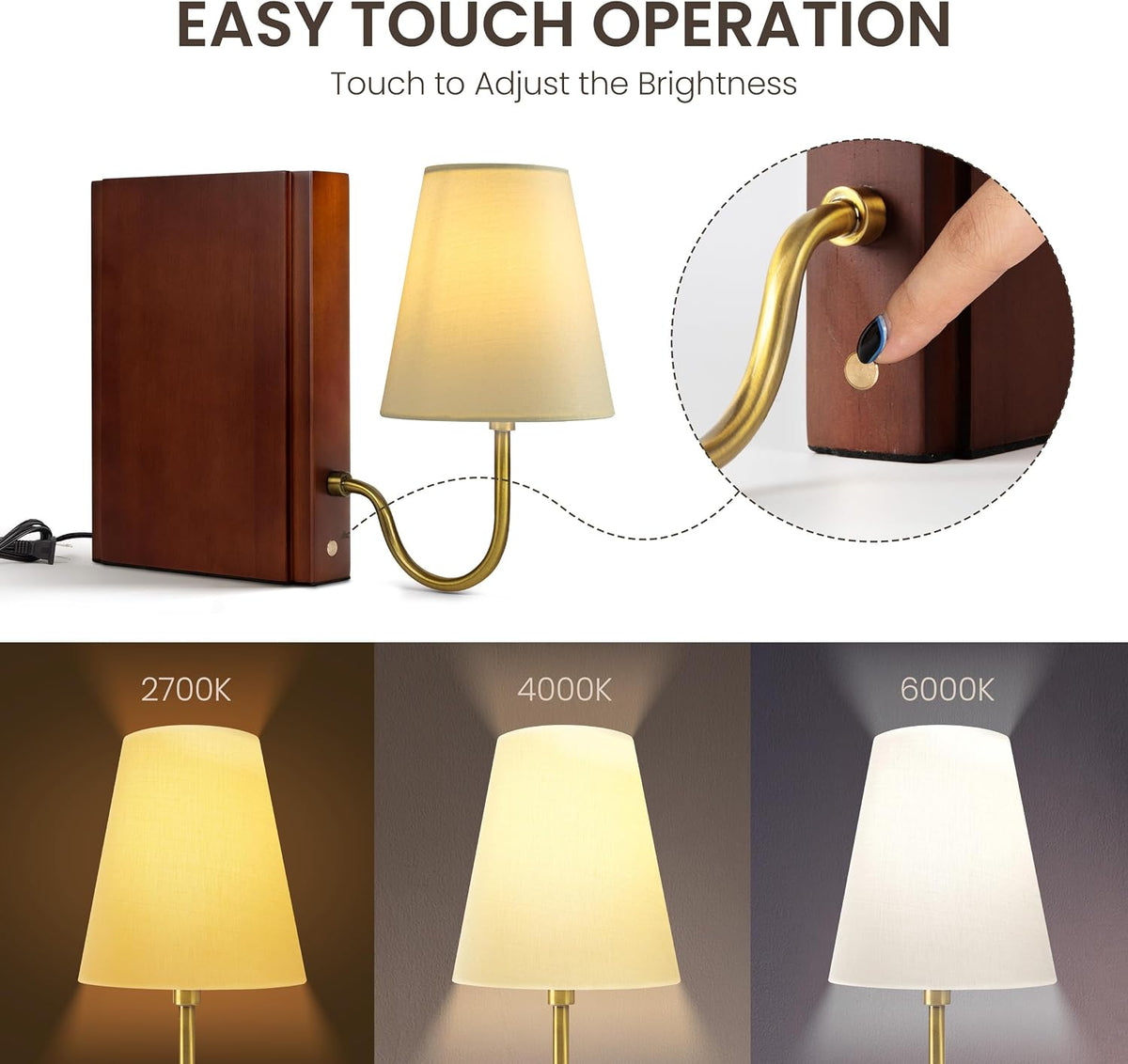 AELS Solid Wood Bookshelf Lamp with Bulb, 3-Color Touch Control Dimmable Table Lamp with Linen Shade, Modern Decorative Bookend Lamp for Bedroom, Office & Bookshelf Decor, Dark Brown