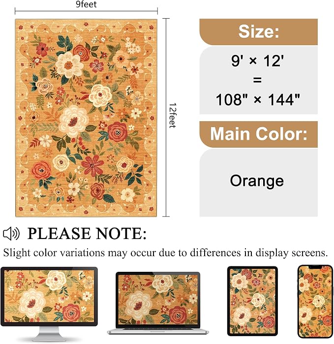DUKINO 9x12 Area Rug, Floral Rugs