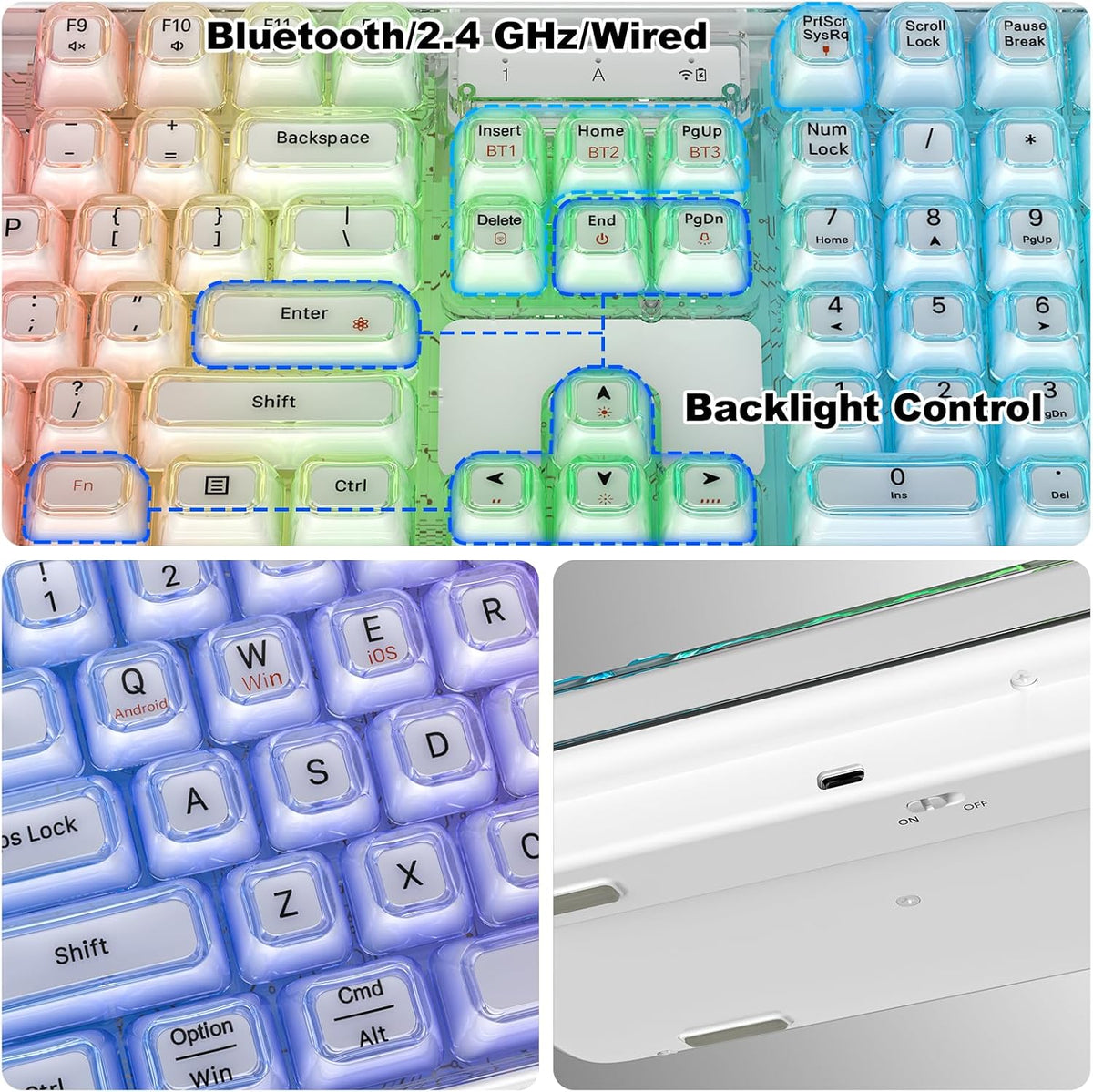 GEEZER Computer Backlit Keyboard White Crystal - Full-Size Bluetooth Wireless Rechargeable Transparent Keycap Portable Keyboards Compatible with Windows, Laptop, PC, Desktop