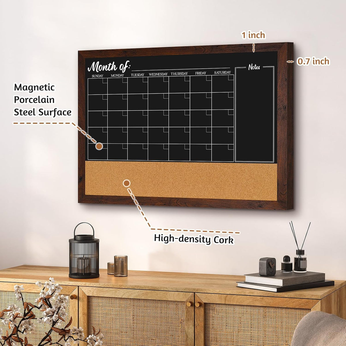 4 THOUGHT Chalkboard Calendar Corkboard Combo 36" x 24", Rustic Brown