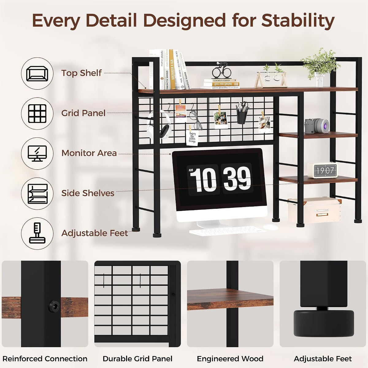 Desk Shelf,38.6" Desk Organizer Shelf,Wooden Desk Hutch for Computer Monitor,4 Tier Desk Display Rack with Pegboard Hooks Set for Home Office Dorm Storage,UXBZJ101Z