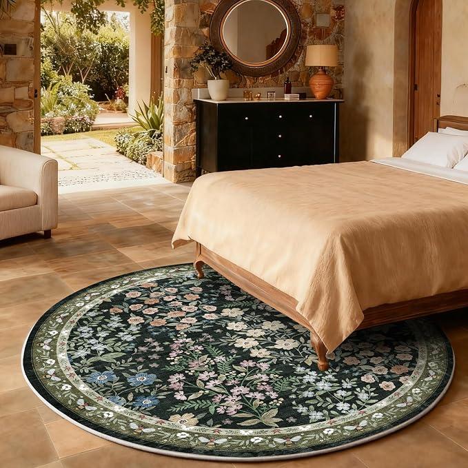 Washable Round Rugs for Bedroom 4ft: Living Room Rug Stain Resistant Non Slip