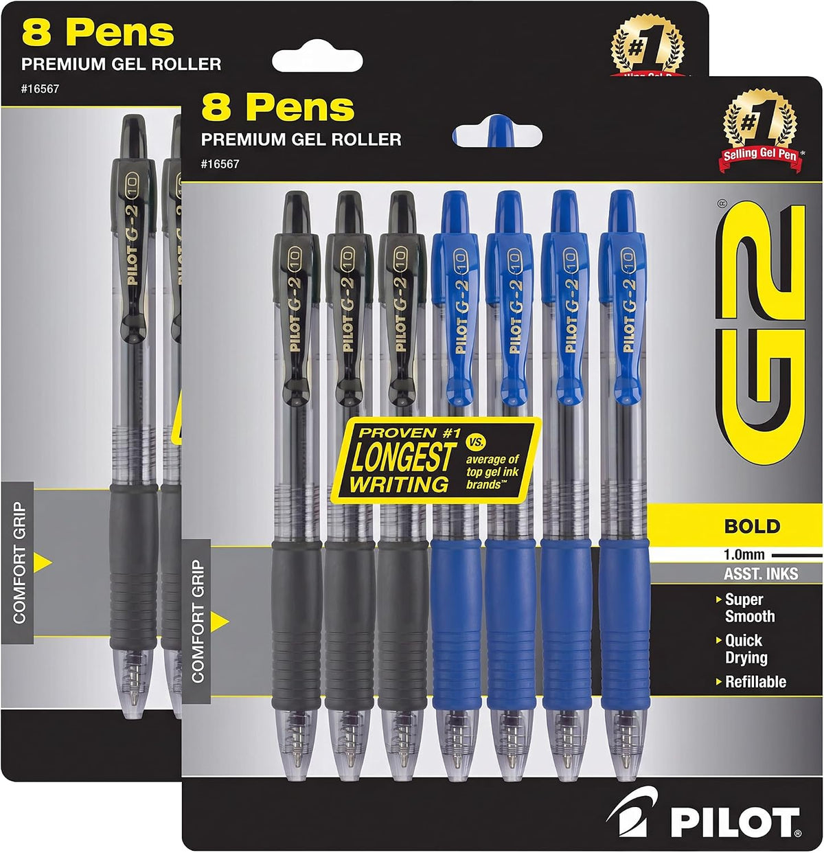 PILOT G2 Premium Gel Roller Pens, Bold Point, Gel Ink Pens, 1 mm, Black, Blue - Ideal for School, Journaling & Office Writing, 8 Count (Pack of 2)