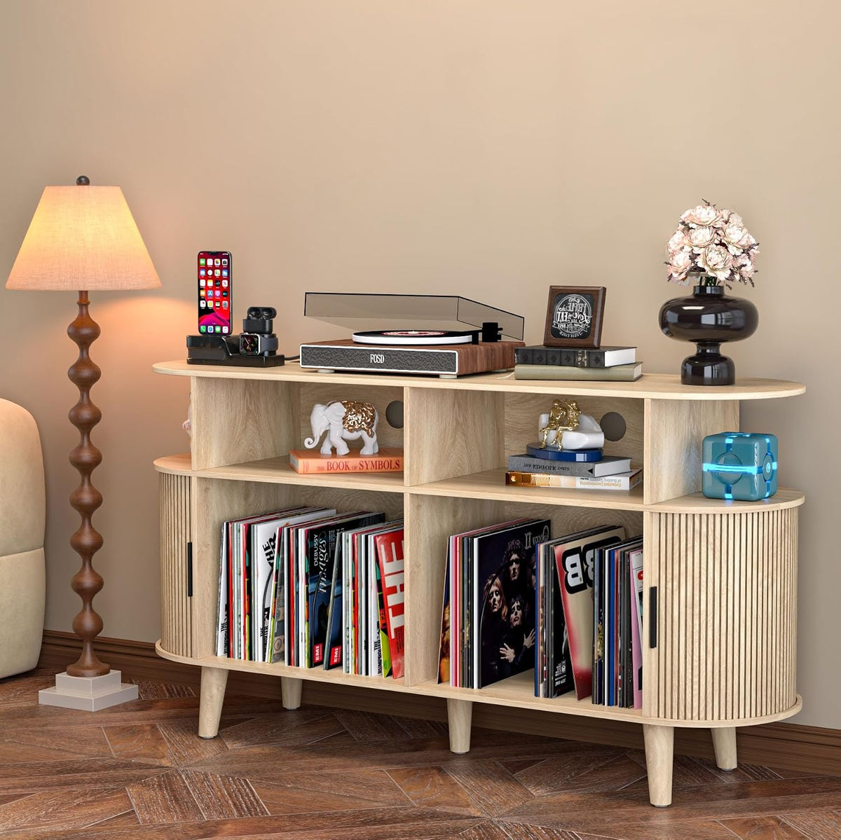 LUVIOHOME Large Round Record Player Stand with Charging Station & USB Ports