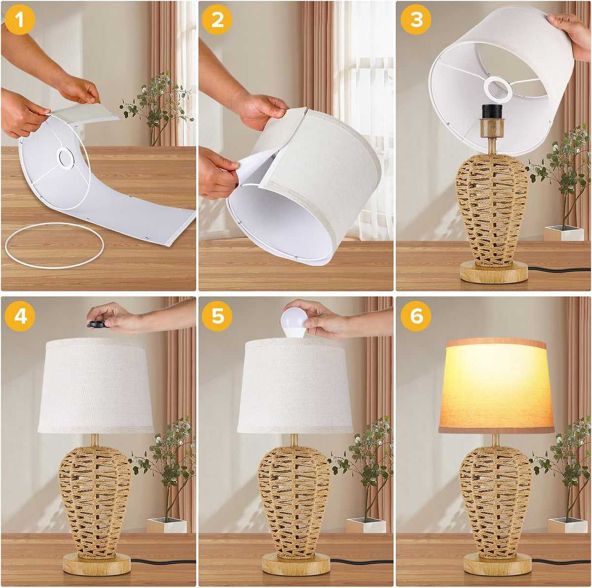 19" Boho Table Lamp with 100% Hand Woven Rattan Body & Wood Grain Finish