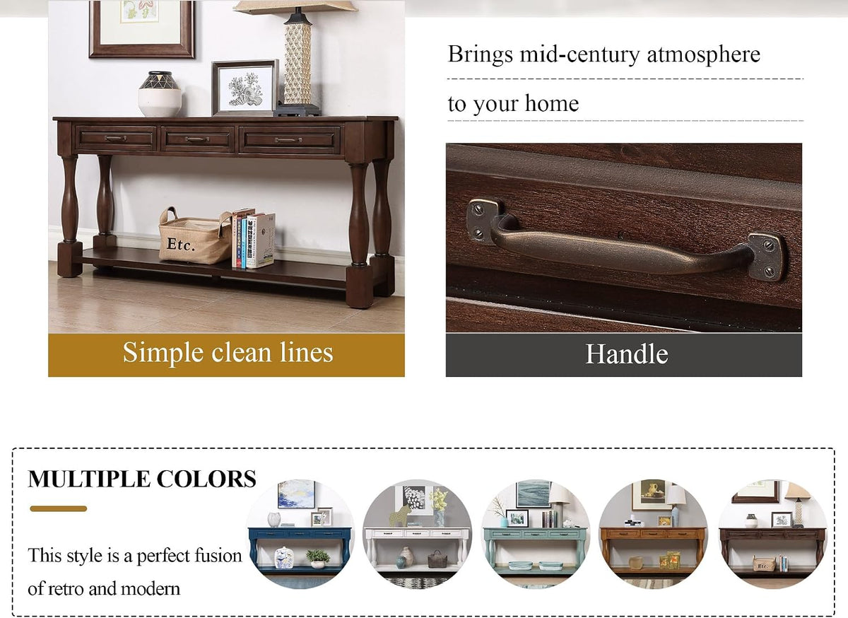 60inch Solid Wood Console Table with 3 Drawers and 1 Bottom Shelf Extra-Thick Sofa Table(Light Espresso)