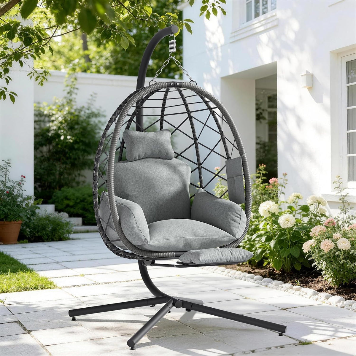 Suteck Hanging Egg Chair with Adjustable Footrest & Stand, Grey