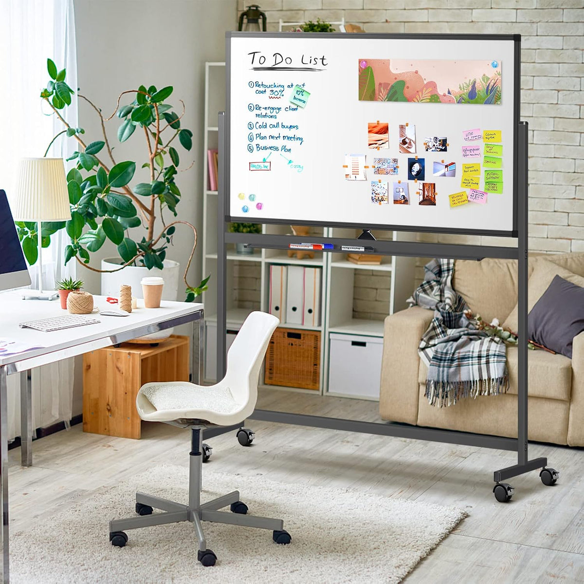 Maxtek Rolling White Board on Wheels 48x32 in, Double-Sided Magnetic Black