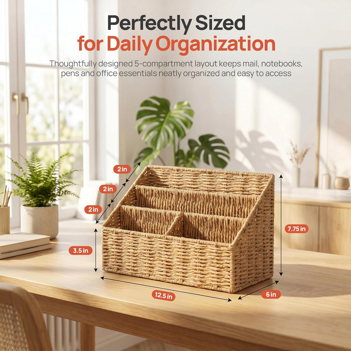 WICKERWISE Handwoven Paper Rope Desktop Organizer for Mail & Files, Natural