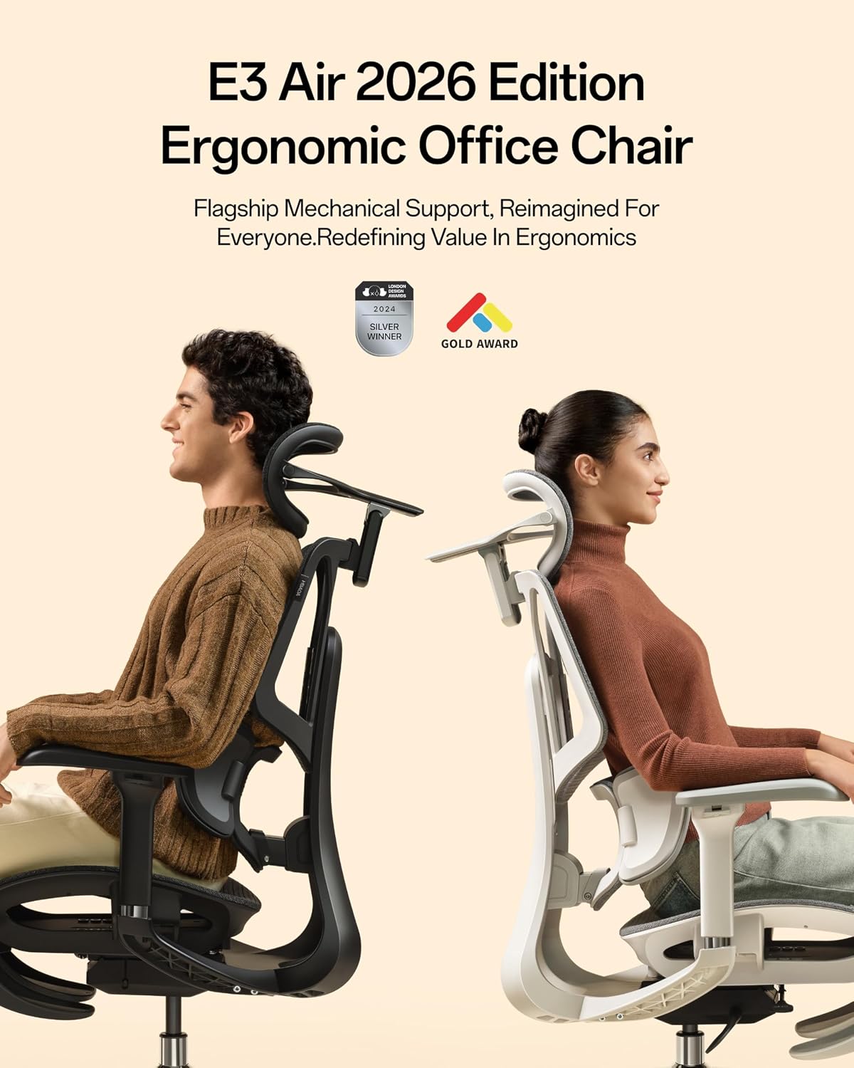 Hbada E3 Air Ergonomic Office Chair, 3-Zone Lumbar Support, Comfy Home Office Chair with Auto Recline, 4D Headrest & Armrests, 140° Tilt for Work & Relax, Grey with Footrest
